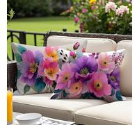 Outdoor Cushion Covers Waterproof 50 x 70 cm Set of 2, Purple Rectangular Lumbar Pillow Cases, Flower Velvet Waterproof Cushion Covers with Invisible Zipper, for Patio Furniture, Sofa, Bench O-1066