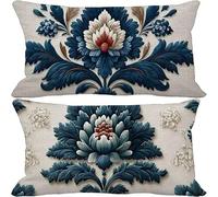 Outdoor Cushions 30cm x 50cm Blue Cushion Covers Set of 2 Sofa Pillows Covers Soft Rectangle Decorative Pillows Retro Pattern Design with Invisible Zip for Summer Patio Garden Furniture 10-5720o