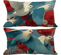 Outdoor Cushions 30cm x 50cm Turquoise Cushion Covers Set of 2 Sofa Pillows Covers Linen Rectangle Decorative Pillows Bird Pattern Design with Invisible Zip for Summer Patio Garden Furniture 10-4918u