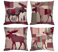 Outdoor Cushions 30x30 cm Cushion Covers Red Throw Pillow Covers Linen Decorative Pillows with Invisible Zipper Square Pillowcase for Garden Furniture Park Bench Room Decor, Pack of 4 Deer M66