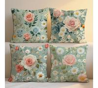 Outdoor Cushions 35x35 cm Duck Egg Outdoor Waterproof Linen Cushion Covers Floral Pattern Double Sided Printing Throw Pillow Case Set of 4 Spring Summer Garden Furniture Decor, Gifts for Women b-1347