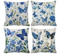 Outdoor Cushions 40cm x 40cm Blue Cushion Covers Set of 4 Sofa Pillows Covers Linen Square Decorative Pillows Butterfly Pattern Design with Invisible Zip for Spring Garden Furniture Home Decor w7-6V