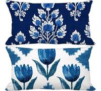 Outdoor Cushions 40cm x 80cm Blue Cushion Covers Set of 2 Sofa Pillows Covers Linen Rectangle Decorative Pillows Flower Pattern Design with Invisible Zip for Summer Patio Garden Furniture 10-4875f