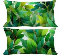 Outdoor Cushions 40cm x 80cm Green Cushion Covers Set of 2 Sofa Pillows Covers Linen Rectangle Decorative Pillows Leaf Pattern Design with Invisible Zip for Summer Patio Garden Furniture 10-5280l
