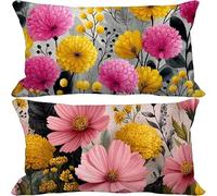 Outdoor Cushions 40cm x 80cm Pink Cushion Covers Set of 2 Sofa Pillows Covers Linen Rectangle Decorative Pillows Flower Pattern Design with Invisible Zip for Summer Patio Garden Furniture 10-5175f