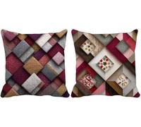 Outdoor Cushions 55cm x 55cm Claret Cushion Covers Set of 2 Sofa Pillows Covers Linen Square Decorative Pillows Geometry Pattern Design with Invisible Zip for Spring Summer Garden Furniture k-2040d