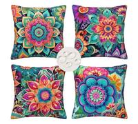 Outdoor Cushions 55cm x 55cm Set of 4 Waterproof Boho Cushion Covers Square Decorative Pillows Flowers Throw Pillow Case with Invisible Zipper for Outdoor Garden Patio Couch Bench 22x22 Inches -LI26