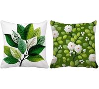 Outdoor Cushions 60cm x 60cm Green Cushion Covers Set of 2 Sofa Pillows Covers Linen Square Decorative Pillows Leaf Pattern Design with Invisible Zip for Spring Summer Patio Garden Furniture d-3485c