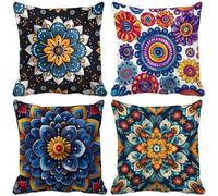 Outdoor Cushions 60cm x 60cm, Set of 4 Bohemia Cushion Covers Linen Sofa Pillows Covers Flower, Decorative Pillows with Invisible Zip for Outdoor Garden Furniture Patio Couch Home Decor Gifts a29-H