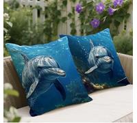 Outdoor Cushions Blue Cushion covers 35 x 35 Soft Velvet Decorative Pillows, Dolphin Pattern Design Sofa Pillows, With Lnvisible Zipper Autumn Garden Cushions, Living/Room Decor, Gifts for Women w-370
