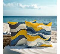 Outdoor Cushions Blue Cushion Covers 35x35cm Set of 2 Wave Garden Cushions Square Waterproof Linen Throw Pillow Covers with Invisible Zipper for Garden Living Room Sofa Farmhouse Autumn Decor ZF-28