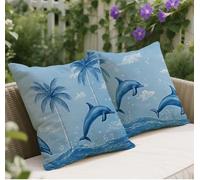 Outdoor Cushions Blue Cushion covers 40 x 40 Soft Linen Decorative Pillows, Dolphin Pattern Design Sofa Pillows, With Lnvisible Zipper Autumn Garden Cushions, Living/Room Decor, Gifts for Women w-416