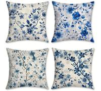 Outdoor Cushions Blue Linen Cushion Covers 35x35 cm 4 Pack Garden Cushions Waterproof Square Pillow Cases Flowers (2), for Living Room Patio Camping Farmhouse, Garden Decor, Summer Decor, o-581