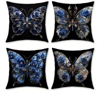 Outdoor Cushions Butterfly Linen Cushion Covers 45x45 cm 4 Pack Garden Cushions Waterproof Square Pillow Cases Blue, for Bedroom Living Room Patio Camping Farmhouse, Garden Decor, Summer Decor, o-401