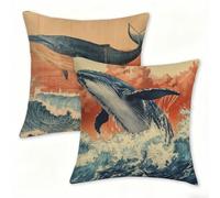 Outdoor Cushions Decorative Cushion Covers 30x30cm, Square Linen Pillow Cases 2 Pack, Double-Sided Retro Pillowcases for Garden Cushions Waterproof, Living Room Patio Farmhouse Home Decor Whale 0n-278