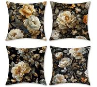 Outdoor Cushions Flower Linen Cushion Covers 35x35 cm 4 Pack Garden Cushions Waterproof Square Pillow Cases Brown (2), for Living Room Patio Camping Farmhouse, Garden Decor, Summer Decor, o-461