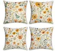 Outdoor Cushions Flower Linen Cushion Covers 35x35 cm 4 Pack Garden Cushions Waterproof Square Pillow Cases Yellow, for Bedroom Living Room Patio Camping Farmhouse, Garden Decor, Summer Decor, o-435