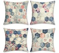 Outdoor Cushions Geometry Linen Cushion Covers 35x35 cm 4 Pack Garden Cushions Waterproof Square Pillow Cases Retro, for Bedroom Living Room Patio Camping Farmhouse, Garden Decor, Summer Decor, o-513