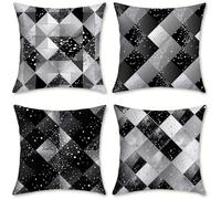 Outdoor Cushions Geometry Linen Cushion Covers 45x45 cm 4 Pack Garden Cushions Waterproof Square Pillow Cases Black, for Bedroom Living Room Patio Camping Farmhouse, Garden Decor, Summer Decor, o-516