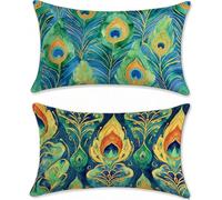 Outdoor Cushions Green Peacock Cushion Covers 20x36in Linen Garden Cushions Waterproof Set of 2 Sofa Cushion for Outdoor Furniture, Decorative Pillows, Oblong Outside Throw Pillow Covers u-14620