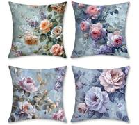 Outdoor Cushions Lilac Linen Cushion Covers 55x55 cm 4 Pack Garden Cushions Waterproof Square Pillow Cases Flower, for Bedroom Living Room Patio Camping Farmhouse, Garden Decor, Summer Decor, o-147