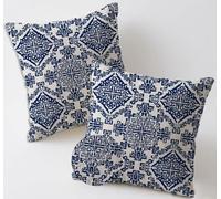 Outdoor Cushions Navy Cushion Covers 35x35 cm Waterproof Linen Large Garden Cushions Pack of 2 Abstract Geometry Throw Pillow Cases Square Sofa Pillowcases for Farmhouse Summer Fall Decor, Gifts C-460