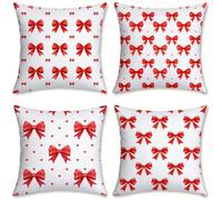 Outdoor Cushions Red Linen Cushion Covers 35x35 cm 4 Pack Garden Cushions Waterproof Square Pillow Cases Bow, for Bedroom Living Room Patio Camping Farmhouse, Garden Decor, Summer Decorations, o-353