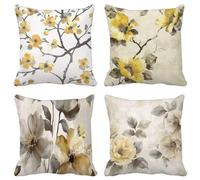 Outdoor Cushions Soft 60 X 60 Set of 4, Yellow Cushion Covers Flower Square Sofa Pillows Covers with Invisible Zipper for Livingroom Bedroom Outdoor Patio Garden Bench Summer Decorative Pillows 1-2H