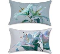 Outdoor Cushions Turquoise Flower Cushion Covers 20x32in Linen Garden Cushions Waterproof Set of 2 Sofa Cushion for Outdoor Furniture, Decorative Pillows, Oblong Outside Throw Pillow Covers u-16423