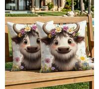 Outdoor Cushions Waterproof 65cm x 65cm Cartoon Cushion Covers Linen Square Throw Pillow Cases 2 pack, with Invisible Zipper highland cow Decorative Pillows Covers for Garden Couch Sofa Patio dj-58