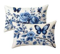 Outdoor Cushions Waterproof, Blue Sofa Cushion Covers 30 x 50 Set of 2 Pack, Linen Decorative Oblong Butterfly Pillow Covers 12 x 20 inch with Invisible Zipper for Living Room Bedroom Decor E-883
