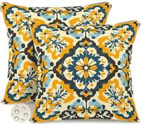 Outdoor Cushions Waterproof Boho Cushion Covers 30 x 30 cm Set of 2 Spring Summer Garden Cushions Yellow Vintage Throw Pillow Cases Square Sofa Pillows for Patio Balcony Couch 12 x 12 Inch -GY312