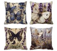 Outdoor Cushions Waterproof Linen 50 X 50 Set of 4, Purple Cushion Covers Butterfly Square Sofa Pillows Covers with Invisible Zipper for Livingroom Outdoor Patio Garden Summer Decorative Pillows S-4K