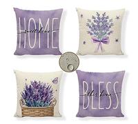 Outdoor Cushions Waterproof Linen Cushion Covers 45x45cm Set of 4 Purple Cushions Lavender Garden Cushion Covers Invisible Zipper Double-sided Print Decorative Pillows for Sofa Patio Home Decor Gifts