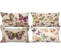 Outdoor Cushions Waterproof Linen Set of 4 50 x 70 Cushion Covers Purple Decorative Pillows Cover Butterfly Double-Sided Pattern Design with Invisible Zip, Outdoor Garden Patio Room Decor 19g-V3