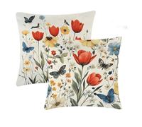Outdoor Cushions Waterproof Red Cushion Covers 35x35cm 2 pcs Flowers Garden Cushions With Invisible Zipper Summer Linen Decorative Pillows for Tent Farmhouse Patio Garden Furniture Balcony Decor T-689