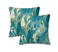 Outdoor Cushions Wave Waterproof Cushion Covers 35 x 35 cm, Set of 2 Linen Square Pillow Covers with Invisible Zipper, Turquoise Throw Pillow for Patio Garden Porch Bench Sofa Room Bed Chair S-1017