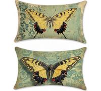 Outdoor Cushions Yellow Butterfly Cushion Covers 20x32in Linen Garden Cushions Waterproof Set of 2 Sofa Cushion for Outdoor Furniture, Decorative Pillows, Oblong Outside Throw Pillow Covers u-18019