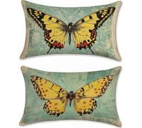 Outdoor Cushions Yellow Butterfly Cushion Covers 20x36in Linen Garden Cushions Waterproof Set of 2 Sofa Cushion for Outdoor Furniture, Decorative Pillows, Oblong Outside Throw Pillow Covers u-18078