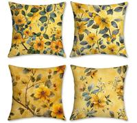 Outdoor Cushions Yellow Linen Cushion Covers 35x35 cm 4 Pack Garden Cushions Waterproof Square Pillow Cases Flower, for Bedroom Living Room Patio Camping Farmhouse, Garden Decor, Summer Decor, o-476