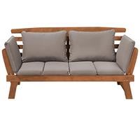Outdoor Dark Wood Bench Eucalyptus Wood Reclining Armrests Taupe Cushions Portici