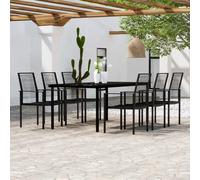 Outdoor Dining Set 200x100cm Black Steel Frame Glass Top 6-Seater Rattan Chairs