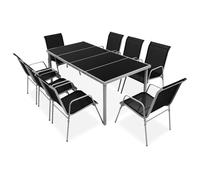 Outdoor Dining Set Black/Grey 190x90x74cm Tempered Glass Steel Textilene 8pc set