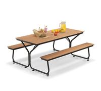 Outdoor Dining Table & 2 Benches Picnic Table Bench Set w/ Umbrella Hole COSTWAY Brown One Size