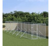 Outdoor Dog Kennel Silver, 2x14x2m Galvanised Steel, Lockable Pet Enclosure for Dogs Chickens Rabbits, Ventilated Mesh Design