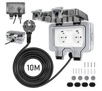 Outdoor Double Socket 10M Extension Lead, Outdoor Plug Sockets Waterproof IP66, High Impact PC Housing, Garden Wall Electrical Outlet 13Amp 2 Gang Switched Power Box with Lockable Cover,LED Indicators
