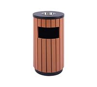 Outdoor Dustbin Coffee Garden Steel Wood Stripes Design Rubbish Bins with Ashtray Round Standing Trash Can Recycling Bins Stylish Outdoor Garbage Bin for Patio and Garden Waste Disposal