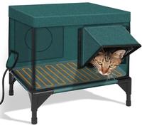 Outdoor Elevated Heated Cat House, Outside Feral Cat Shelter with Safe Escape Door, Waterproof Hwning Insulated, for Feral Barn Cat (Green M)