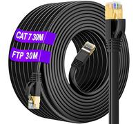 Outdoor Ethernet Cable 30m Cat 7, Long Ethernet Internet Cable 30m Indoor Waterproof Anti-Interference Cat7 High Speed Lan Network Cable 30 meter Flat - Pure Copper, SSTP with 30 Free Clips - Black