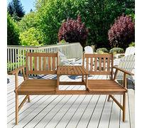 Outdoor Eucalyptus Tete-a-Tete Garden Bench Set - Loveseat Patio Chair with Umbrella Hole for Backyard, Poolside, Deck & Porch Conversations - Solid Wood Furniture